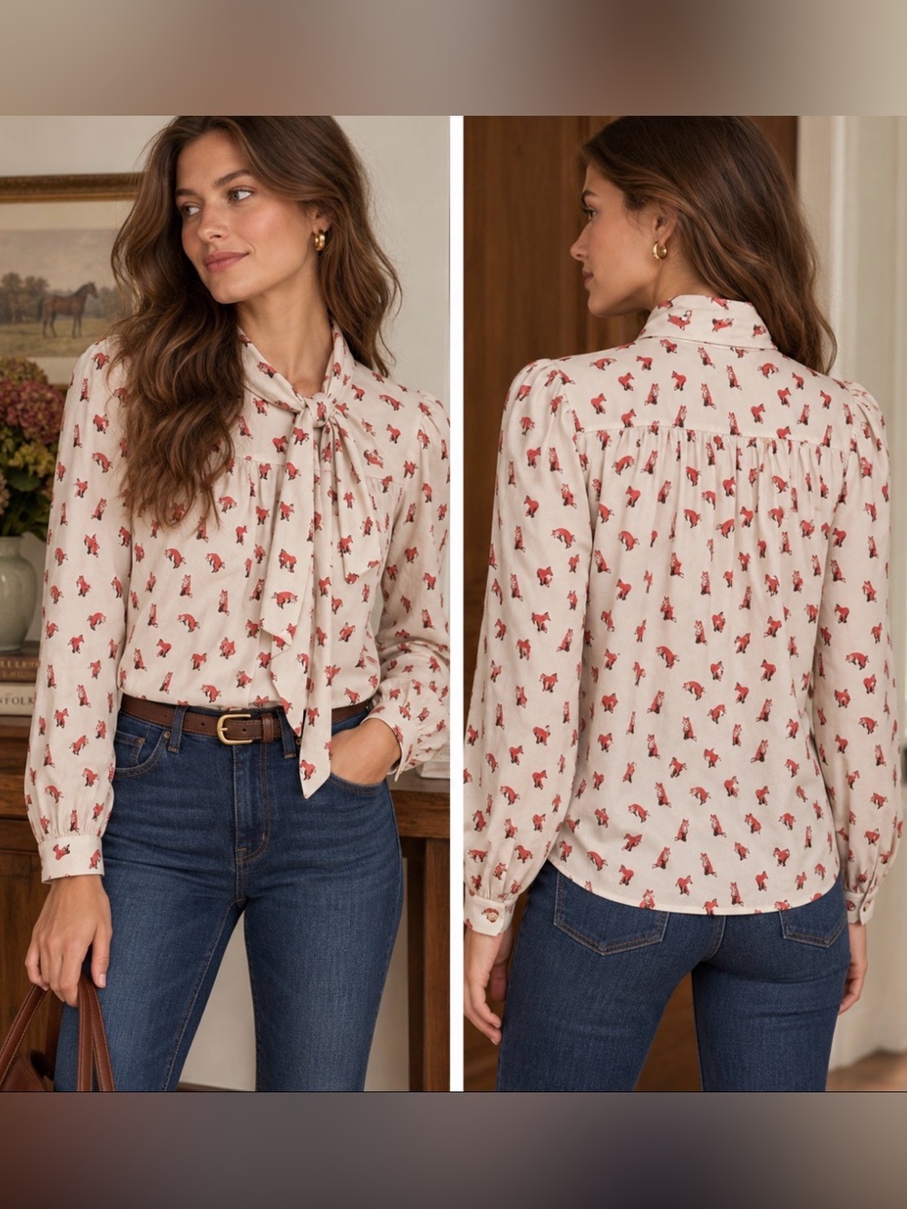 Vineyard Vines Fox Print Tie Neck Blouse XS Fall Preppy Equestrian Country NWOT